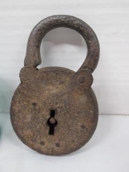 Antique Iron Padlock and Hemingay No. 9 Blue Glass Insulator