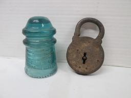 Antique Iron Padlock and Hemingay No. 9 Blue Glass Insulator