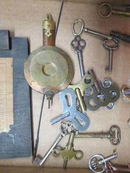 Old Clock Keys, Skeleton Keys, Clock Pendulums and Seth Thomas Wood Clock Back