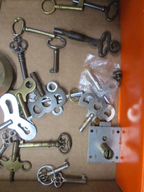 Old Clock Keys, Skeleton Keys, Clock Pendulums and Seth Thomas Wood Clock Back