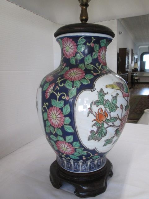 Porcelain Chinese Urn Lamp with Bird and Flower Design