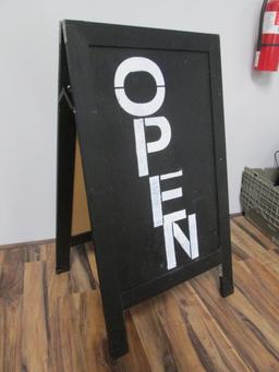 Wooden "Welcome Come On In", "OPEN" A-Frame Street Sign