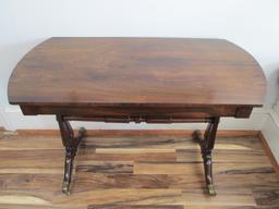 Signed Antique Hand Carved Rosewood Console Trestle Table with Drawer
