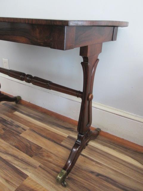 Signed Antique Hand Carved Rosewood Console Trestle Table with Drawer