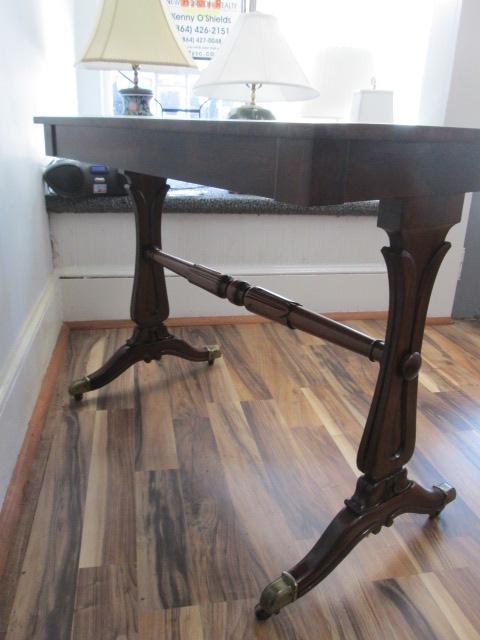 Signed Antique Hand Carved Rosewood Console Trestle Table with Drawer