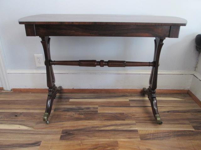 Signed Antique Hand Carved Rosewood Console Trestle Table with Drawer