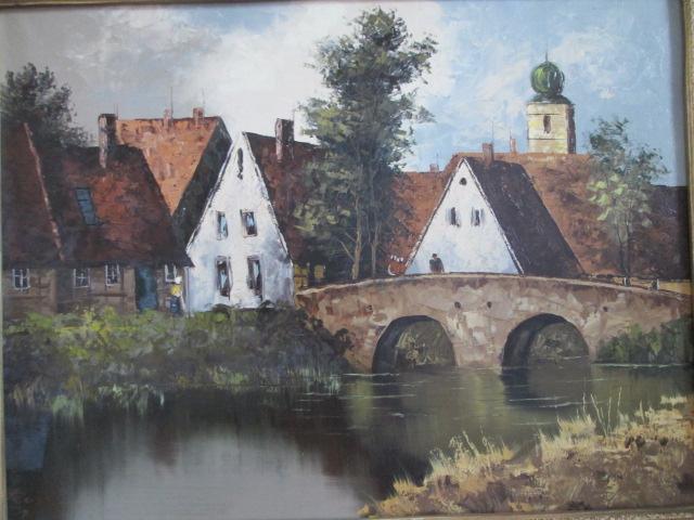 Large Gilt Frame Ruge Signed Canvas Painting of European Village