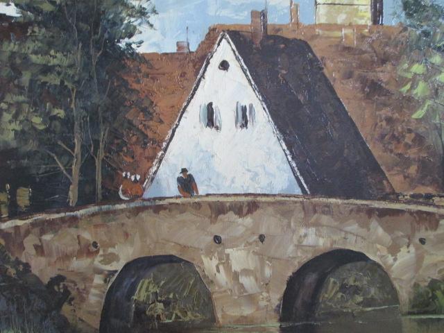 Large Gilt Frame Ruge Signed Canvas Painting of European Village