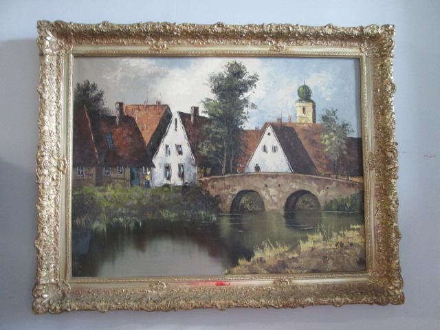 Large Gilt Frame Ruge Signed Canvas Painting of European Village