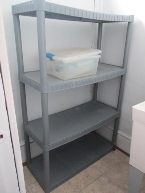 4 Tier Grey Heavy Duty Plastic Shelf Unit and Two Small Totes