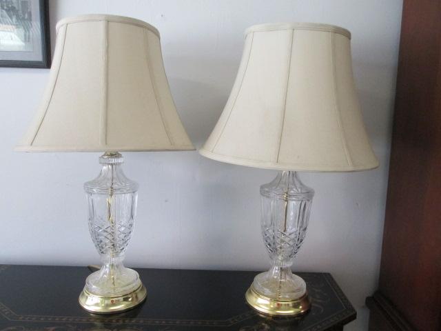 Pair of Crystal Table Lamps with Gold Tone Bases