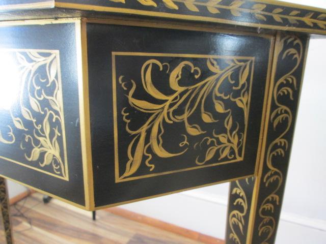 Wellington Hall Black Lacquer Console Table with Handpainted Gold Designs