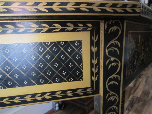 Wellington Hall Black Lacquer Console Table with Handpainted Gold Designs