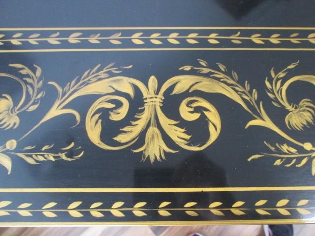 Wellington Hall Black Lacquer Console Table with Handpainted Gold Designs