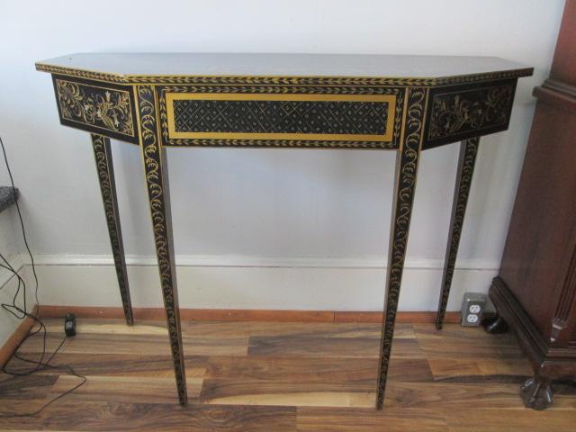 Wellington Hall Black Lacquer Console Table with Handpainted Gold Designs