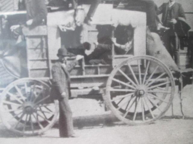 Black/White Photo Print of Loaded and Parked Stagecoach in Front of Hotel in Telluride, Co.