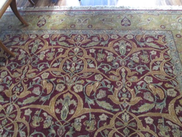 Burgundy/Sage Green All Over Center Floral Design Wool Area Rug