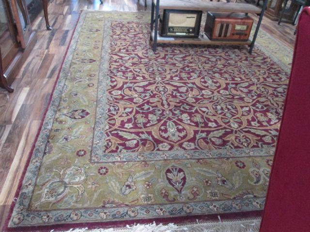 Burgundy/Sage Green All Over Center Floral Design Wool Area Rug