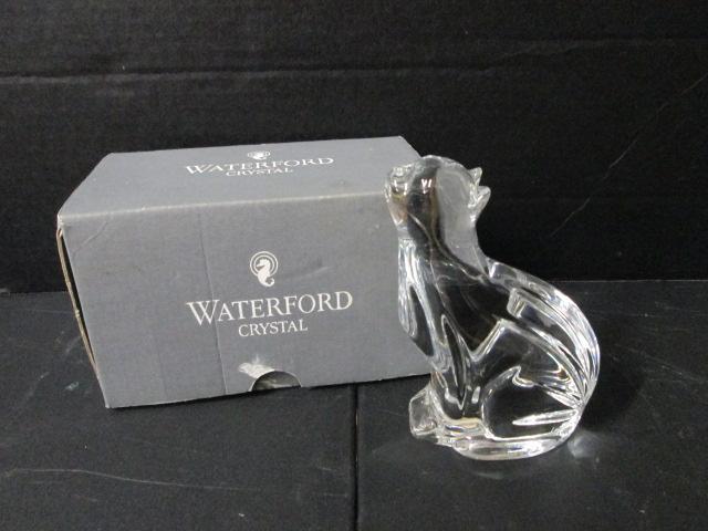 Waterford Crystal Cat Looking Up Figurine in Original Box