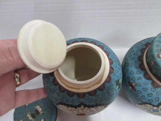 Pair of Vintage Porcelain Chinese Tea Jars w Brass Inlay
