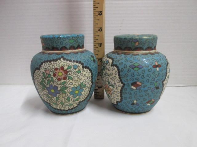 Pair of Vintage Porcelain Chinese Tea Jars w Brass Inlay