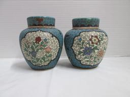 Pair of Vintage Porcelain Chinese Tea Jars w Brass Inlay