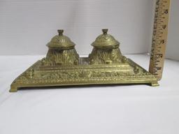 Vintage Ornate Brass Double Ink Well