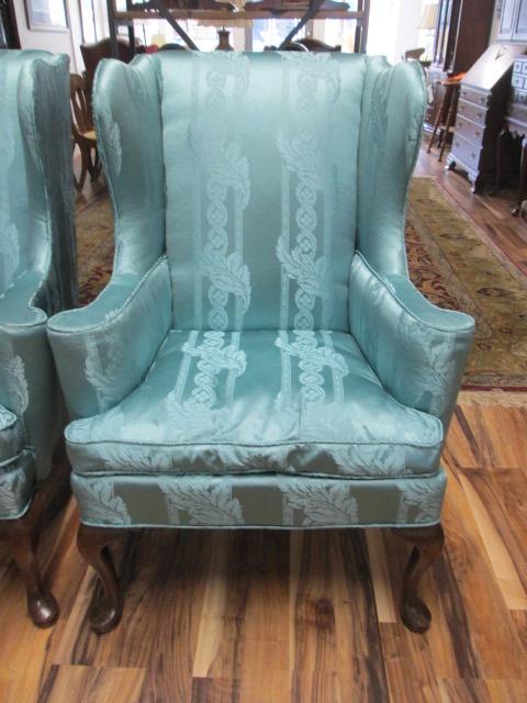 Pair of Hickory Chair Co. Custom Satin Upholstered Wing Back Chairs