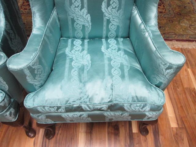 Pair of Hickory Chair Co. Custom Satin Upholstered Wing Back Chairs