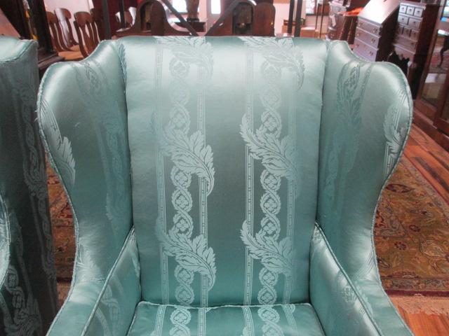 Pair of Hickory Chair Co. Custom Satin Upholstered Wing Back Chairs
