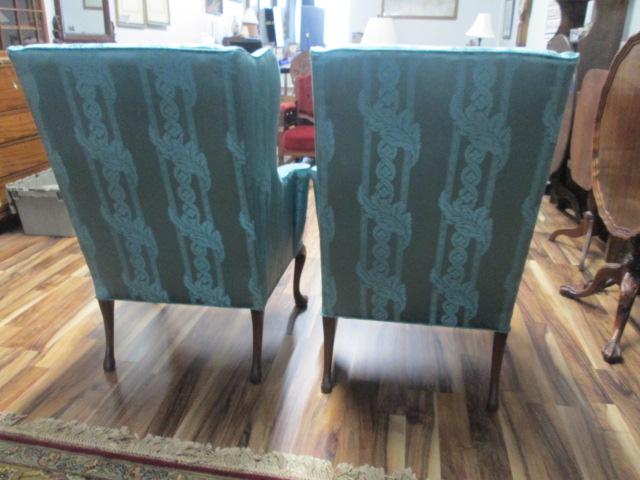 Pair of Hickory Chair Co. Custom Satin Upholstered Wing Back Chairs