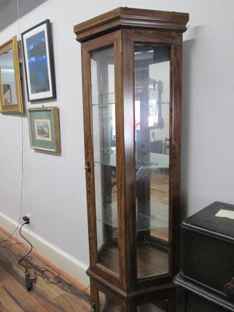 Illuminated Angled Curio Display Cabinet with Mirrored Back and Glass Shelves