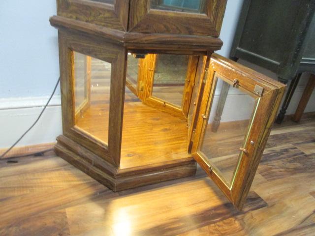 Illuminated Angled Curio Display Cabinet with Mirrored Back and Glass Shelves