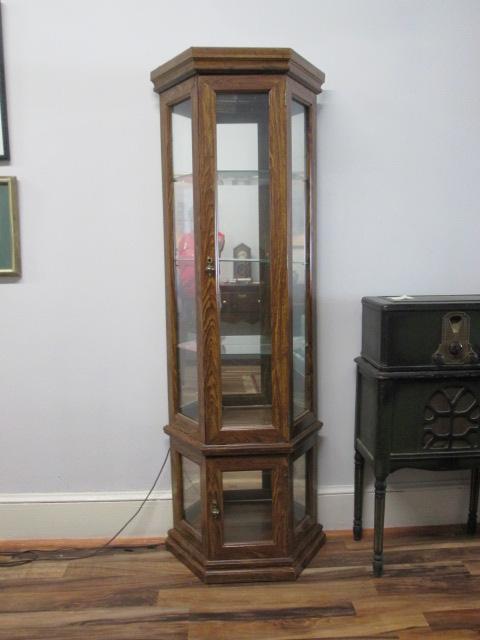 Illuminated Angled Curio Display Cabinet with Mirrored Back and Glass Shelves