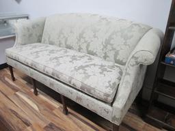 Chinoiserie Damask Rolled Arm Sofa with Mahogany Legs