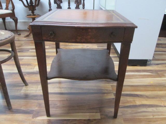 Mahogany Bow Front Side Table with Drawer and Leather Top