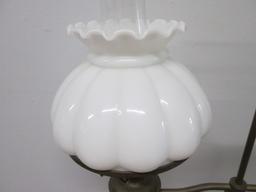 Vintage Electric Brass Bridge Floor Lamp with Chimney and Milk Glass Shade