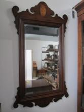 Chippendale Style Mahogany Frame Beveled Mirror with Inlay Design