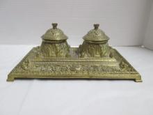 Vintage Ornate Brass Double Ink Well