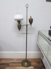 Vintage Electric Brass Bridge Floor Lamp with Chimney and Milk Glass Shade