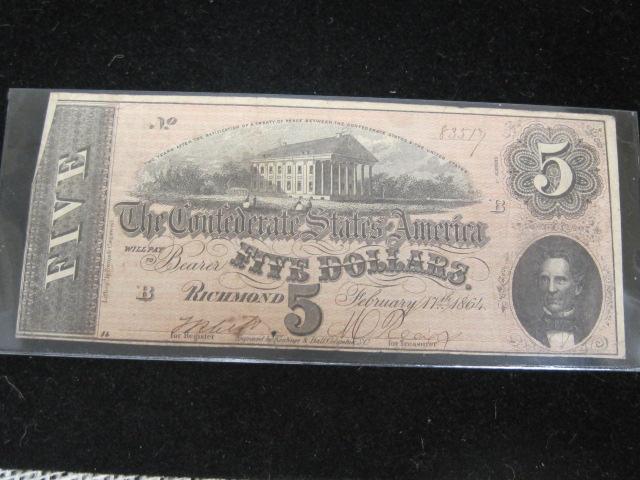 1864 $5 Confederate Note from Richmond, VA