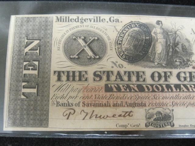 1862 $10 Confederate Note from Milledgeville, GA