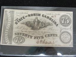 1863 75 Cents Confederate Note from Raleigh, NC
