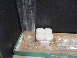 Two Glass Votive Holders, Tall Crystal Vase and Two Pair of New Candles