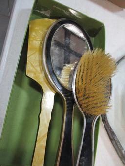 Vintage Dupont Plastic Beveled Hand Mirror and Natural Bristol Brush Set and