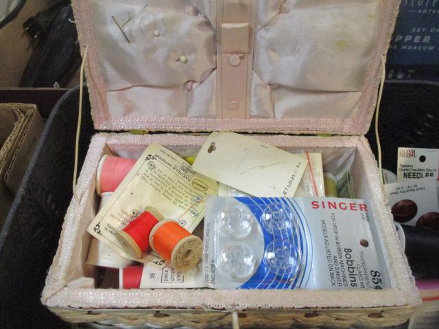 Metal Box and Woven Sewing Basket with Sewing Sundries