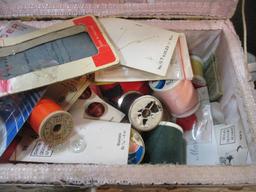 Metal Box and Woven Sewing Basket with Sewing Sundries
