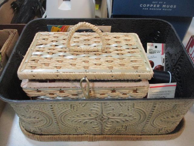 Metal Box and Woven Sewing Basket with Sewing Sundries