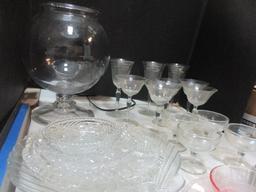 Glassware Grouping-Crystal Stemware, Candlewick Plate, Pink Depression Glass