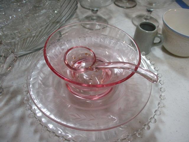 Glassware Grouping-Crystal Stemware, Candlewick Plate, Pink Depression Glass